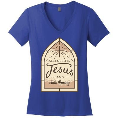 Lover Of Jesus And Auto Racing Fan Gift Women's V-Neck T-Shirt