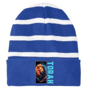 Lion Of Judah Messianic Hebrew Roots Torah Observant Striped Beanie with Solid Band