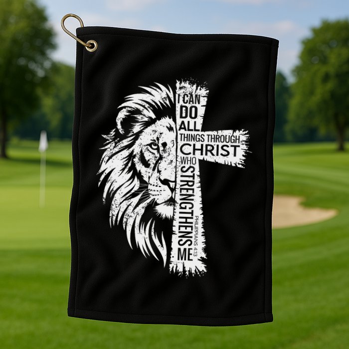 Lion Of Judah And Cross With Philippians 413 Golf Towel
