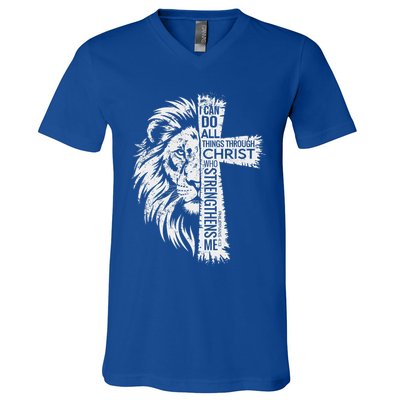 Lion Of Judah And Cross With Philippians 413 V-Neck T-Shirt