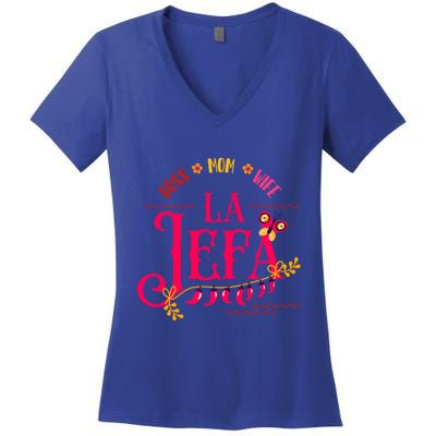 Latin Or Mexican Mothers Day Design Or Boss Mom Wife La Jefa Great Gift Women's V-Neck T-Shirt