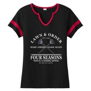 Lawn & Order Make America Rake Again Four Seasons Total Landscaping Ladies Halftime Notch Neck Tee