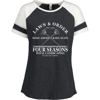 Lawn & Order Make America Rake Again Four Seasons Total Landscaping Enza Ladies Jersey Colorblock Tee