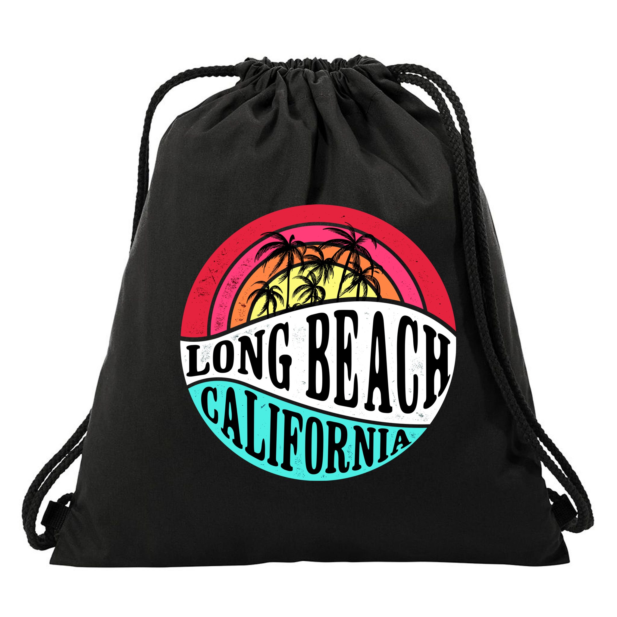 Long Beach California Retro Circle Drawstring Bag