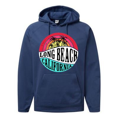 Long Beach California Retro Circle Performance Fleece Hoodie