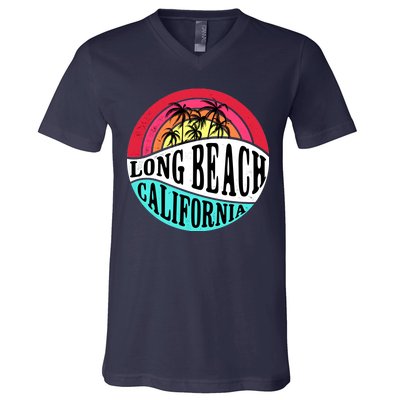 Long Beach California Retro Circle V-Neck T-Shirt