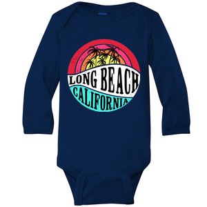 Long Beach California Retro Circle Baby Long Sleeve Bodysuit