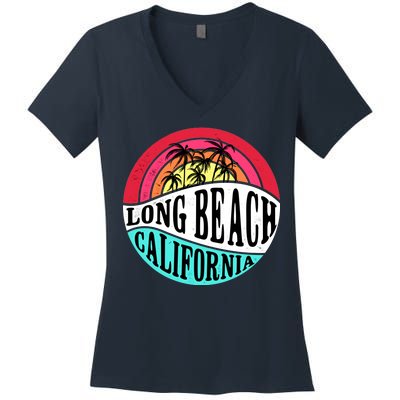 Long Beach California Retro Circle Women's V-Neck T-Shirt