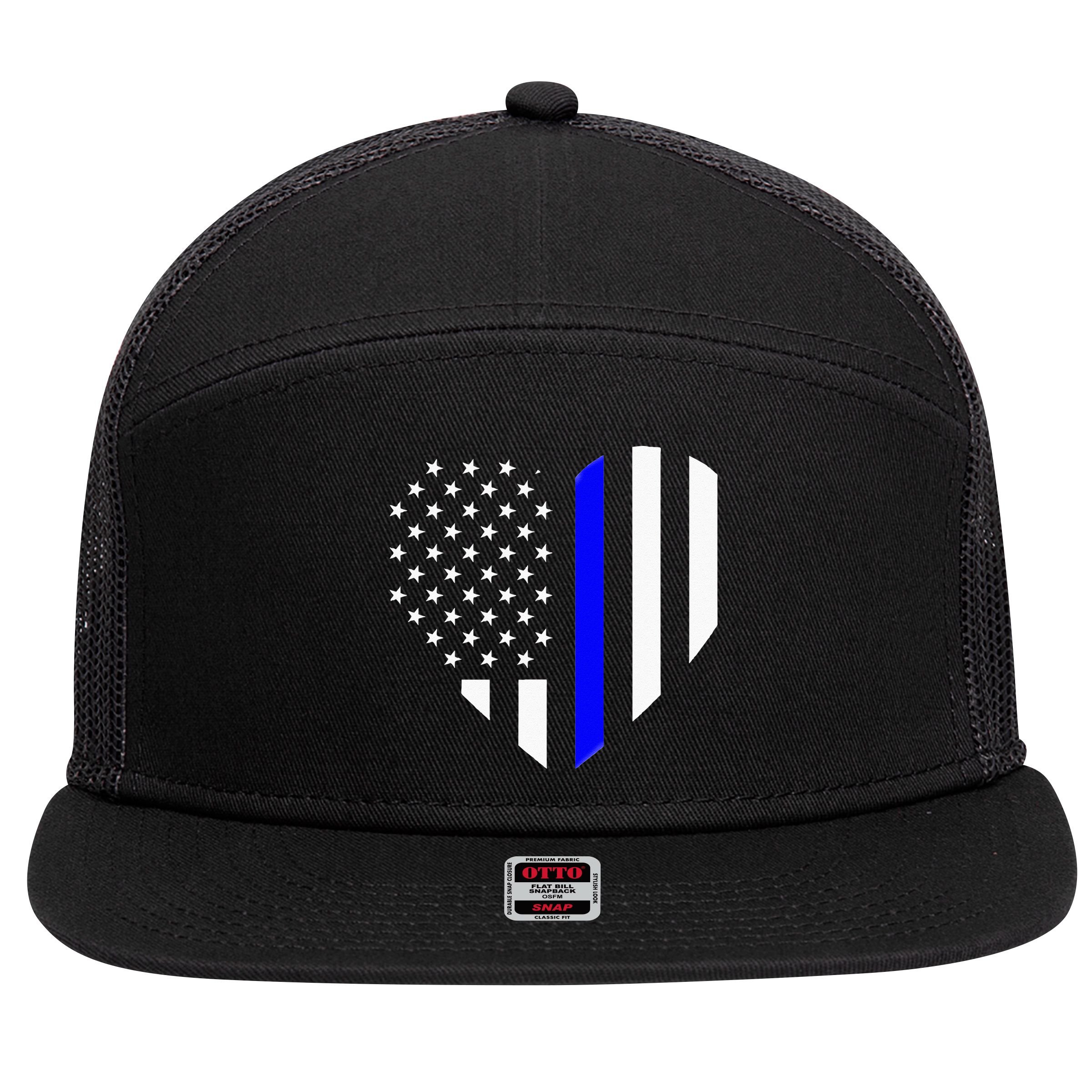 Love Our Police Officer US Flag Heart Thin Blue Line 7 Panel Mesh Trucker Snapback Hat