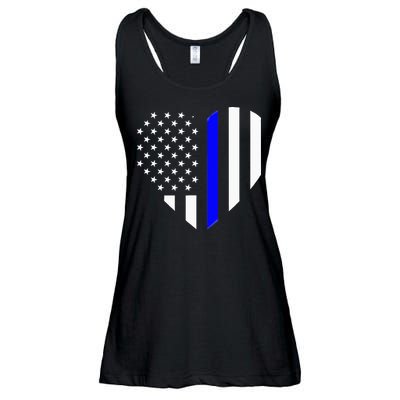 Love Our Police Officer US Flag Heart Thin Blue Line Ladies Essential Flowy Tank