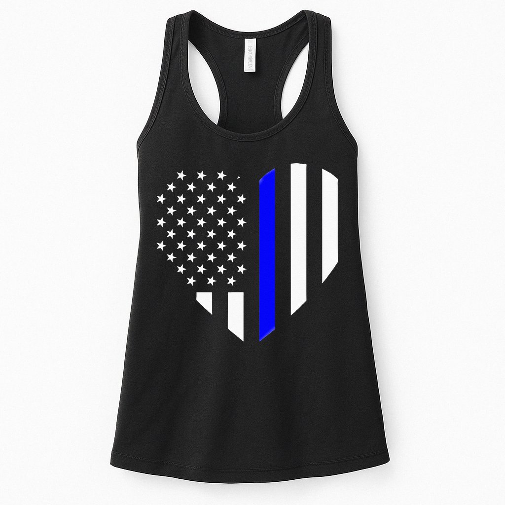 Love Our Police Officer US Flag Heart Thin Blue Line Womens Tank Top
