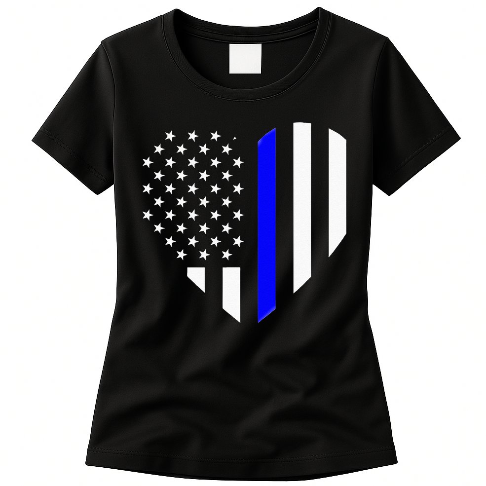 Love Our Police Officer US Flag Heart Thin Blue Line Womens T-Shirt