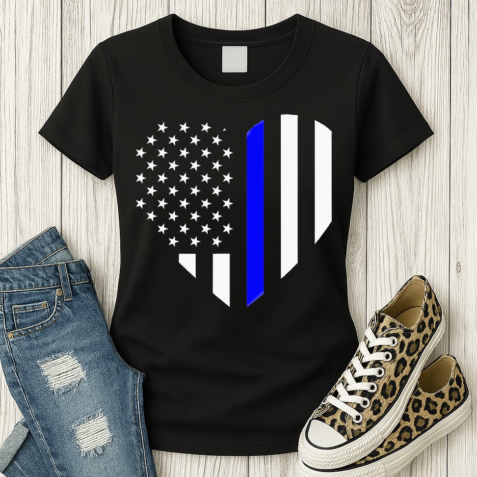 Love Our Police Officer US Flag Heart Thin Blue Line Womens T-Shirt