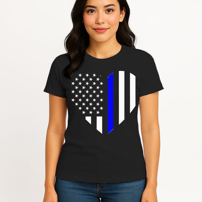 Love Our Police Officer US Flag Heart Thin Blue Line Womens T-Shirt