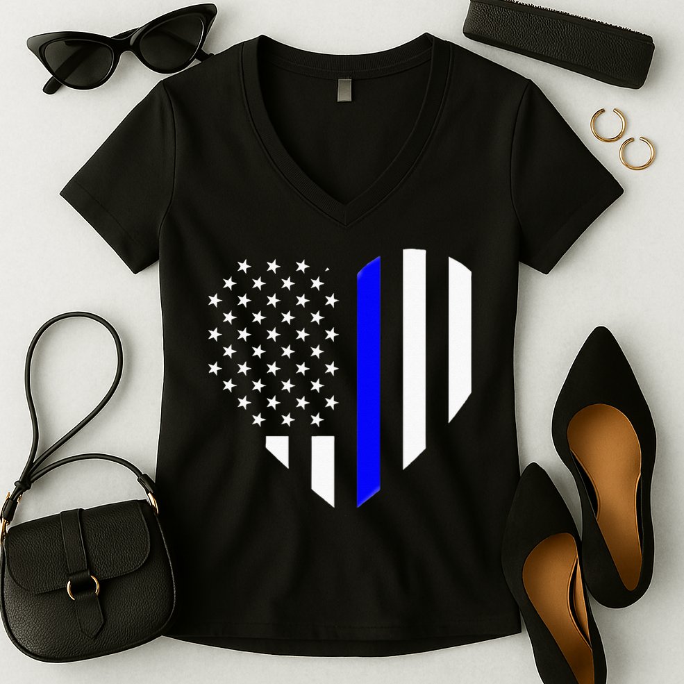 Love Our Police Officer US Flag Heart Thin Blue Line Women's V-Neck T-Shirt