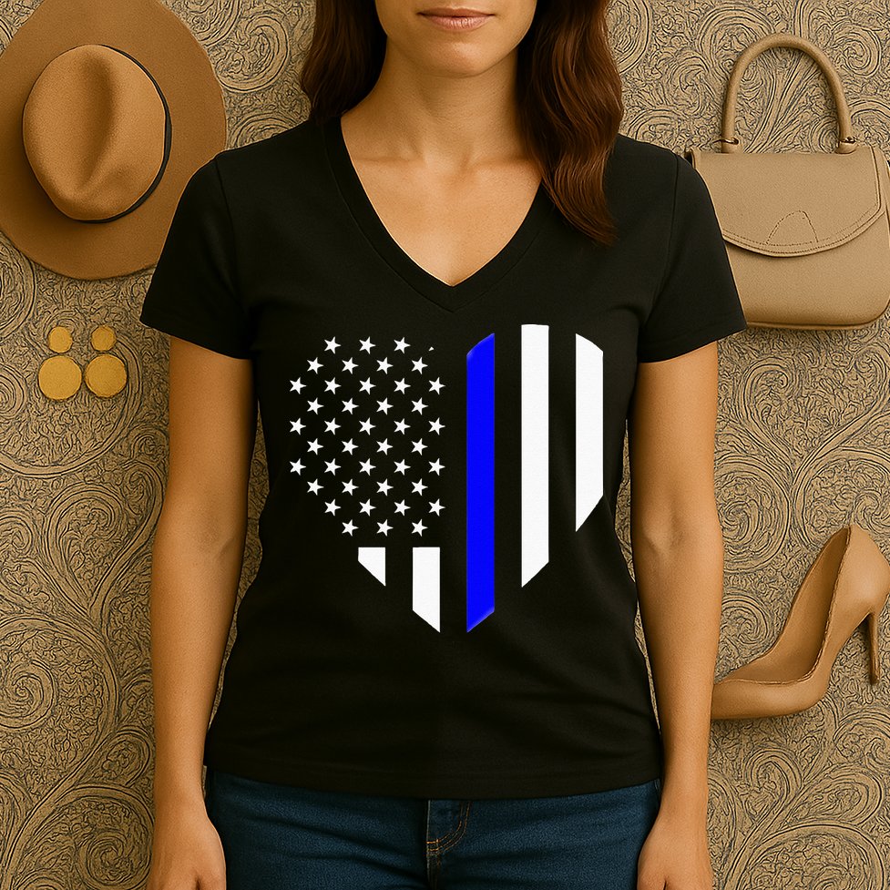 Love Our Police Officer US Flag Heart Thin Blue Line Women's V-Neck T-Shirt