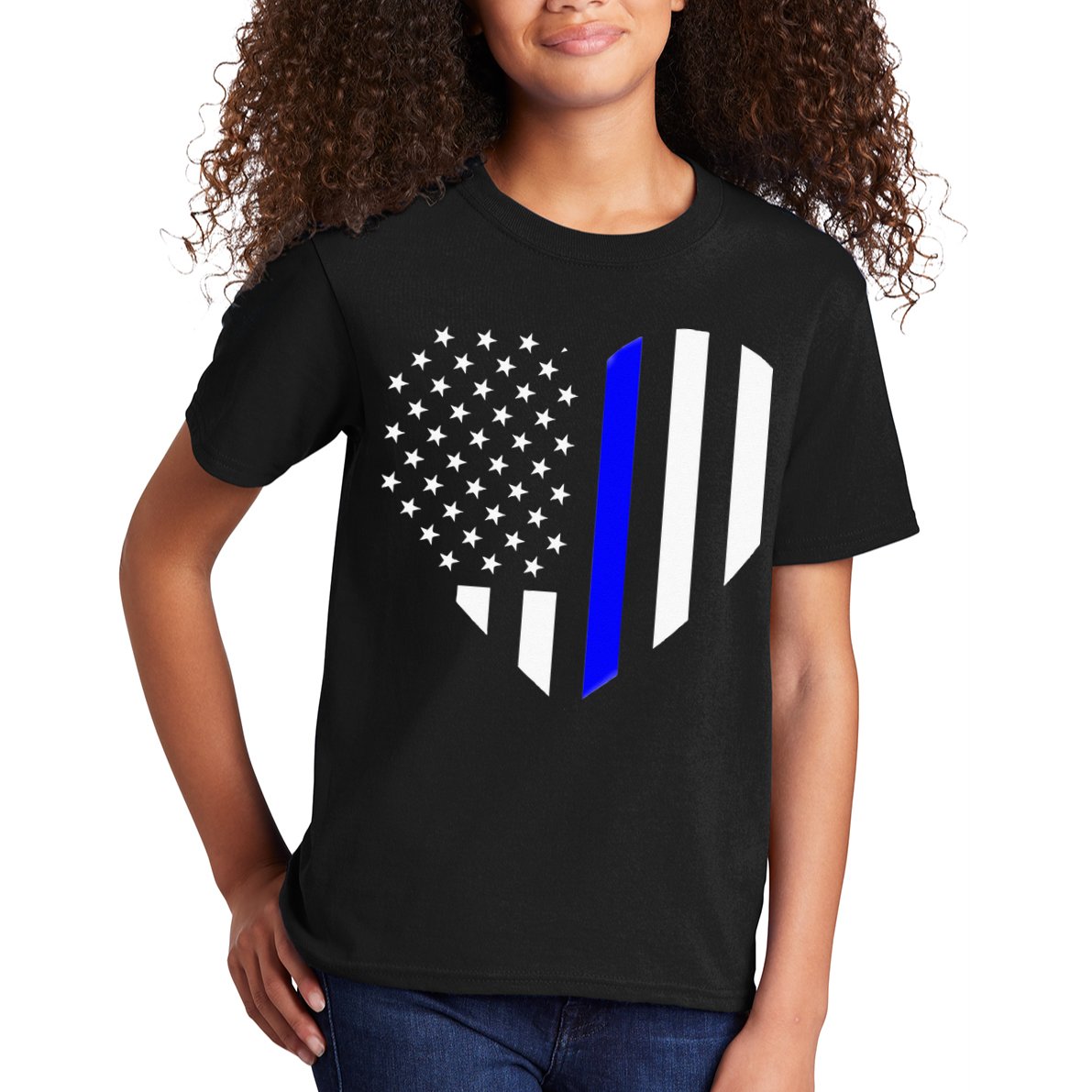 Love Our Police Officer US Flag Heart Thin Blue Line Kids T-Shirt