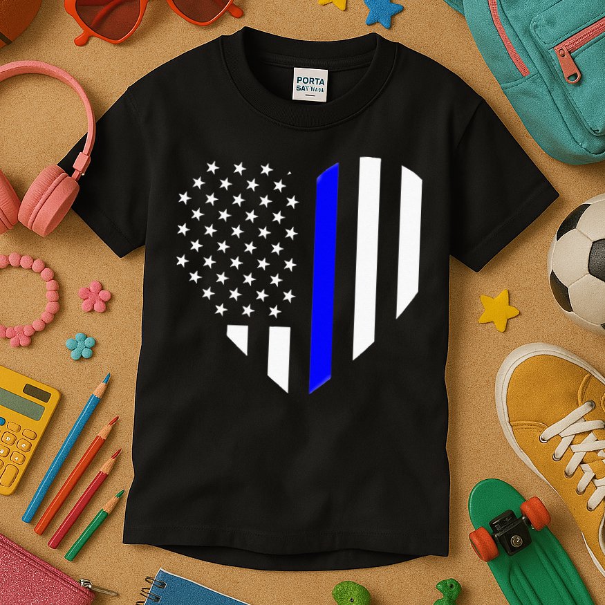 Love Our Police Officer US Flag Heart Thin Blue Line Kids T-Shirt