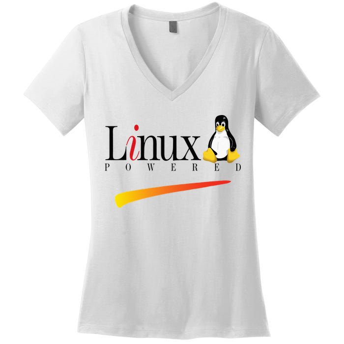 Linux Os Powered By Linux Tux Penguin Women's V-Neck T-Shirt
