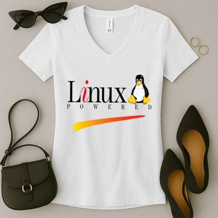 Linux Os Powered By Linux Tux Penguin Women's V-Neck T-Shirt
