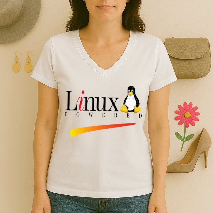 Linux Os Powered By Linux Tux Penguin Women's V-Neck T-Shirt