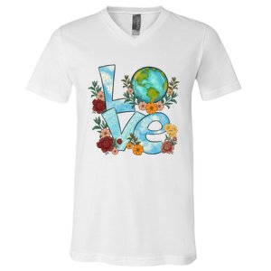 Love Our Planet Floral Earth Day V-Neck T-Shirt