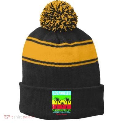 Los Angeles Santa Monica Beach Stripe Pom Pom Beanie