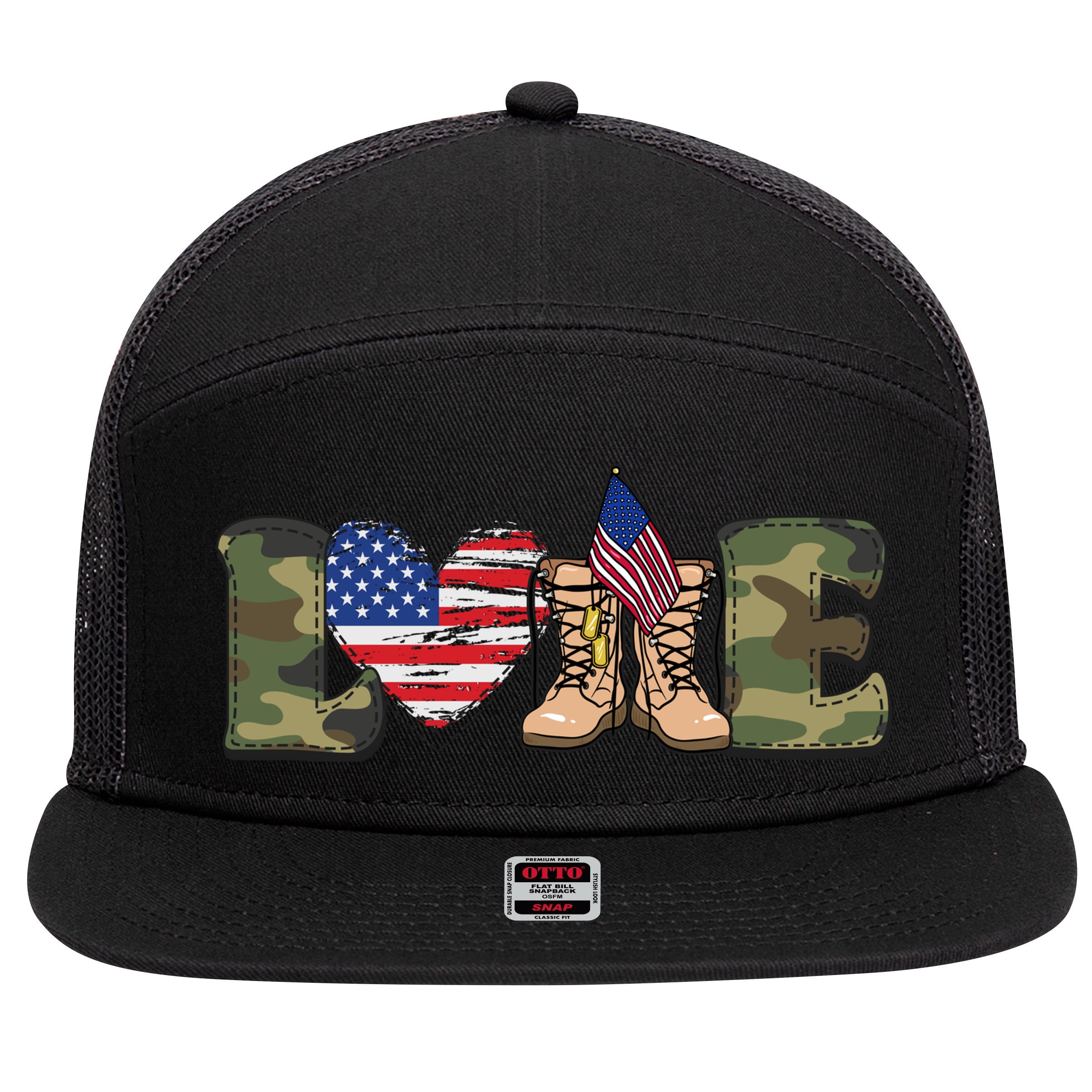 Love Our Soldiers, US Troops 7 Panel Mesh Trucker Snapback Hat