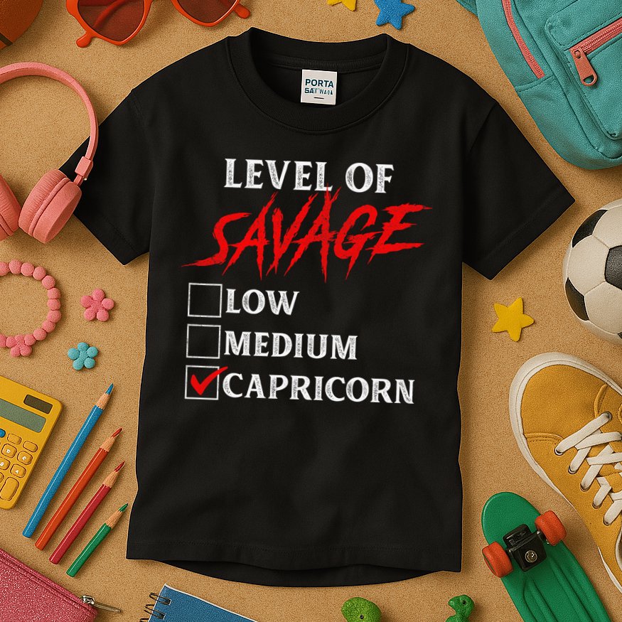 Level Of Savage Capricorn Funny Zodiac Queen King Kids T-Shirt