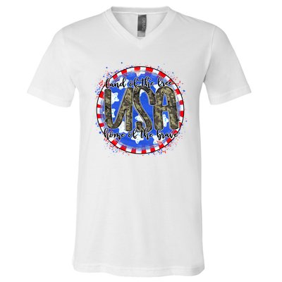 Land Of The Free Home Of The Brave USA Celebration V-Neck T-Shirt