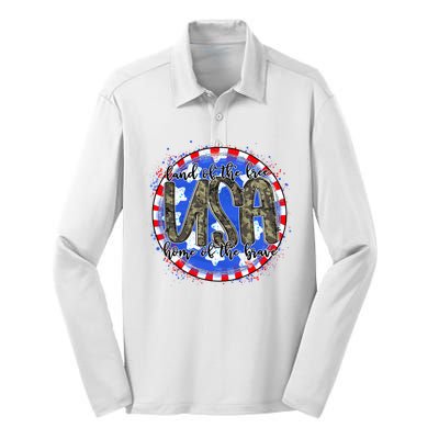 Land Of The Free Home Of The Brave USA Celebration Silk Touch Performance Long Sleeve Polo