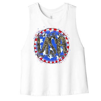 Land Of The Free Home Of The Brave USA Celebration Women's Racerback Cropped Tank