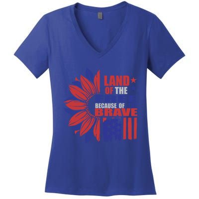 Land Of The Free Because Of The Brave Veteran Funny Gift Women's V-Neck T-Shirt