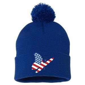 Land Of The Free Usa Flag Butterfly Proud American Veterans Great Gift Pom Pom 12in Knit Beanie