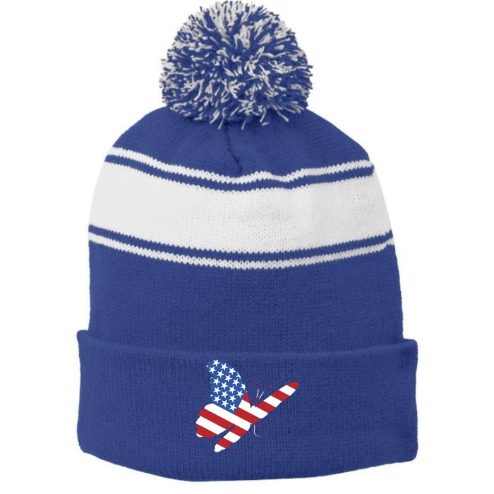 Land Of The Free Usa Flag Butterfly Proud American Veterans Great Gift Stripe Pom Pom Beanie