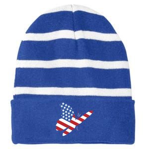 Land Of The Free Usa Flag Butterfly Proud American Veterans Great Gift Striped Beanie with Solid Band