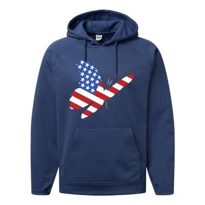 Land Of The Free Usa Flag Butterfly Proud American Veterans Great Gift Performance Fleece Hoodie