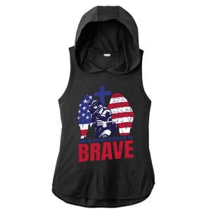 Land Of The Free Because Of The Brave Soldier Cross Ladies PosiCharge Tri-Blend Wicking Draft Hoodie Tank