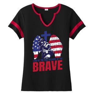 Land Of The Free Because Of The Brave Soldier Cross Ladies Halftime Notch Neck Tee