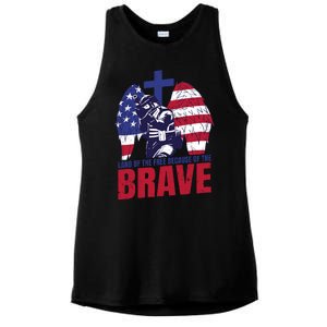 Land Of The Free Because Of The Brave Soldier Cross Ladies PosiCharge Tri-Blend Wicking Tank