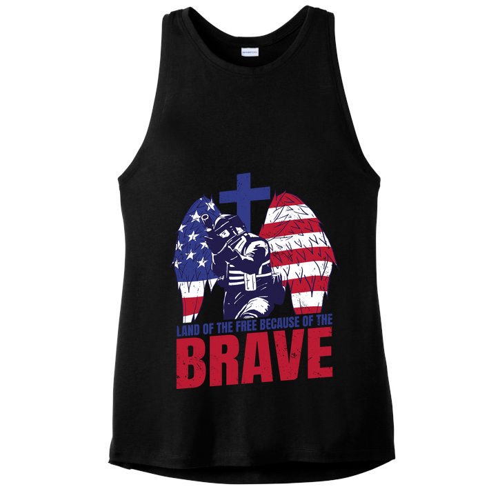 Land Of The Free Because Of The Brave Soldier Cross Ladies PosiCharge Tri-Blend Wicking Tank