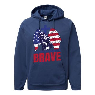 Land Of The Free Because Of The Brave Soldier Cross Performance Fleece Hoodie