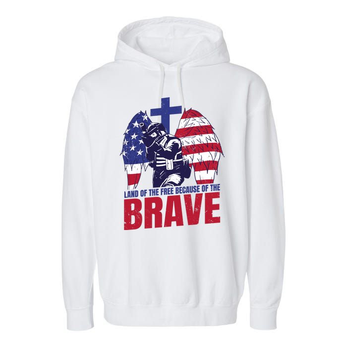 Land Of The Free Because Of The Brave Soldier Cross Garment-Dyed Fleece Hoodie