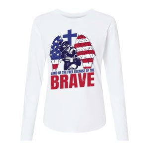 Land Of The Free Because Of The Brave Soldier Cross Womens Cotton Relaxed Long Sleeve T-Shirt