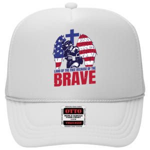 Land Of The Free Because Of The Brave Soldier Cross High Crown Mesh Back Trucker Hat