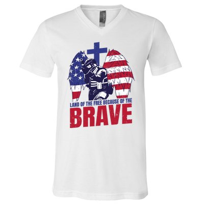 Land Of The Free Because Of The Brave Soldier Cross V-Neck T-Shirt