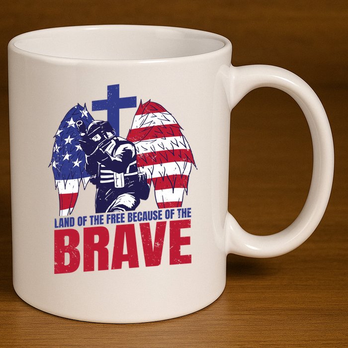 Land Of The Free Because Of The Brave Soldier Cross 11oz C Handle Ceramic Mug