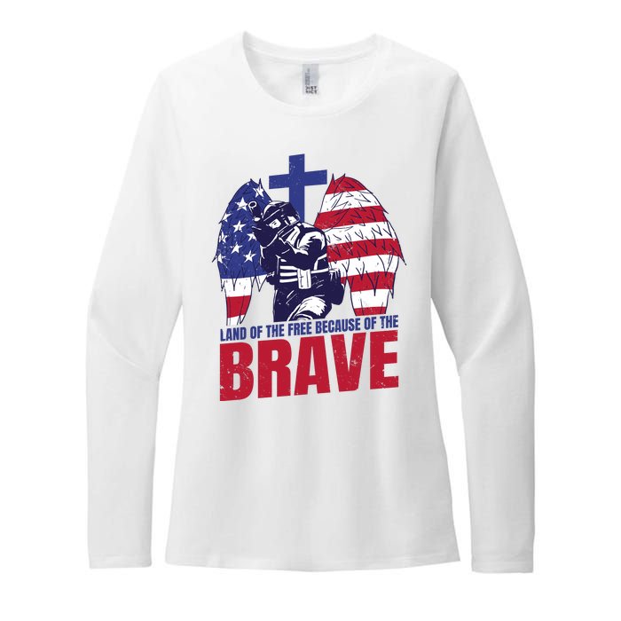 Land Of The Free Because Of The Brave Soldier Cross Womens CVC Long Sleeve Shirt