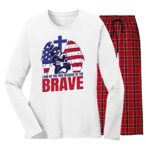 Land Of The Free Because Of The Brave Soldier Cross Women's Long Sleeve Flannel Pajama Set 