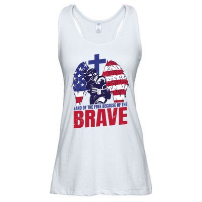 Land Of The Free Because Of The Brave Soldier Cross Ladies Essential Flowy Tank
